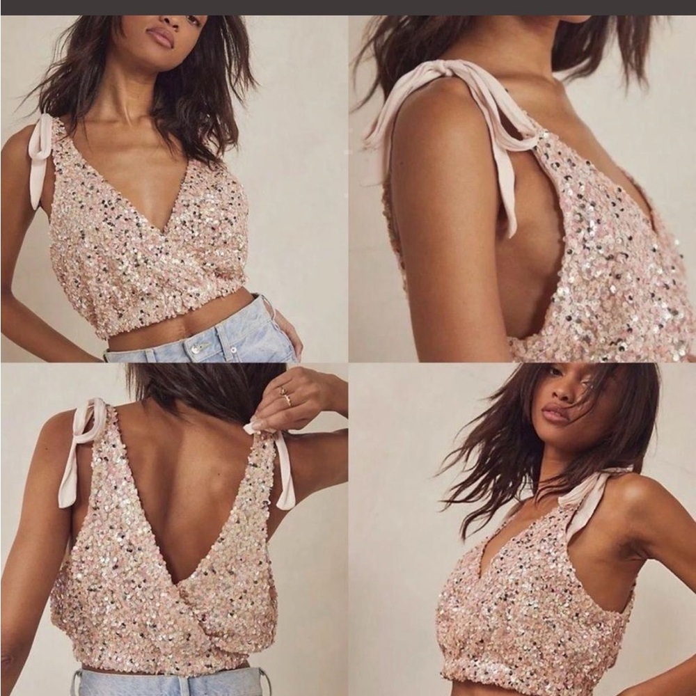 Free People Blush Sequin Tie-Shoulder Crop Top